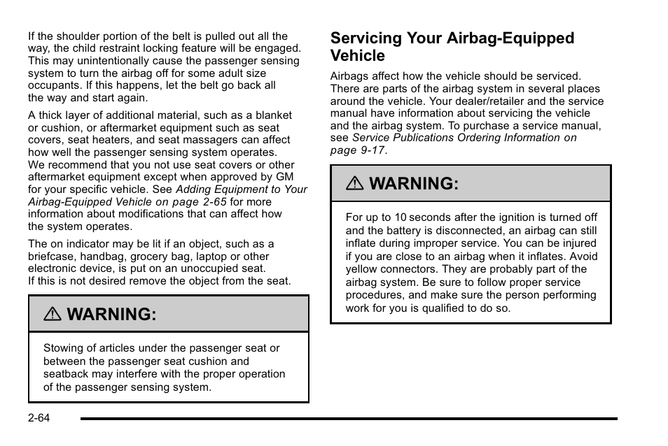 Servicing your airbag-equipped vehicle, Your airbag-equipped vehicle -64, Warning | Cadillac 2010 Escalade EXT User Manual | Page 98 / 580