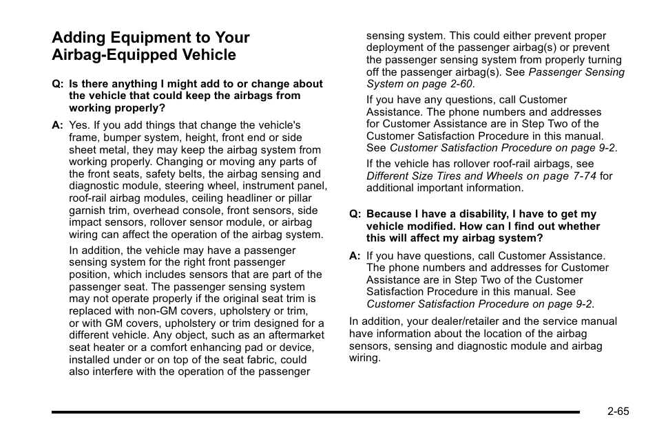 Adding equipment to your airbag-equipped vehicle, Adding equipment to your airbag-equipped, Vehicle -65 | Cadillac 2010 Escalade EXT User Manual | Page 99 / 580
