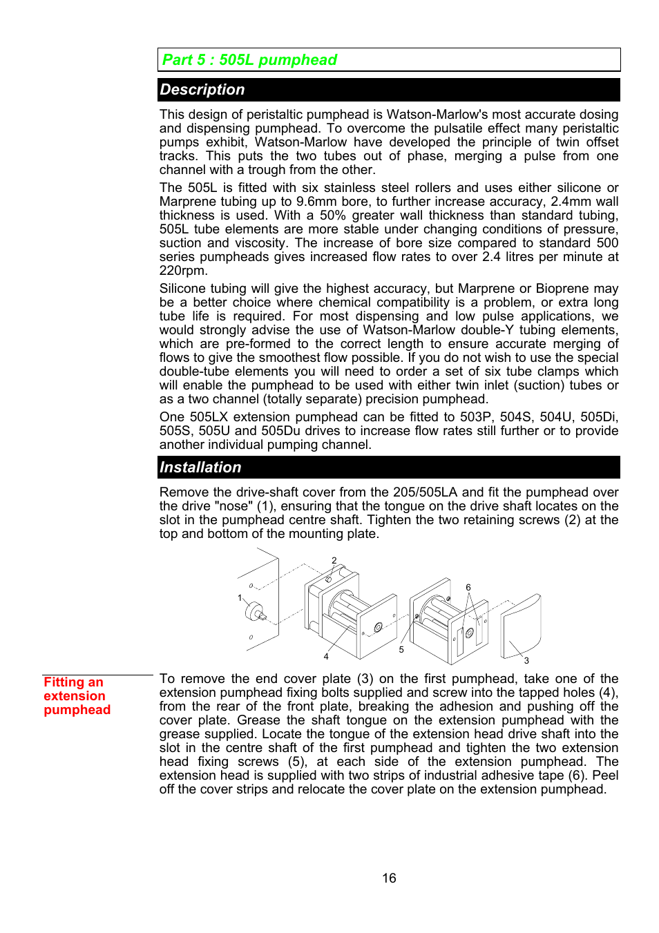 Part 5 : 505l pumphead description, Installation | Watson-Marlow 501RL User Manual | Page 15 / 21