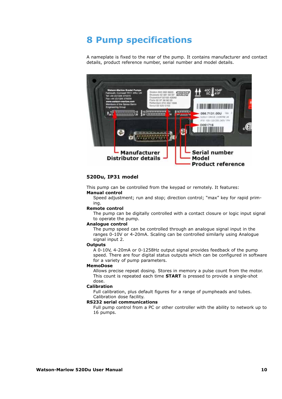 8 pump specifications | Watson-Marlow 520Du User Manual | Page 10 / 107