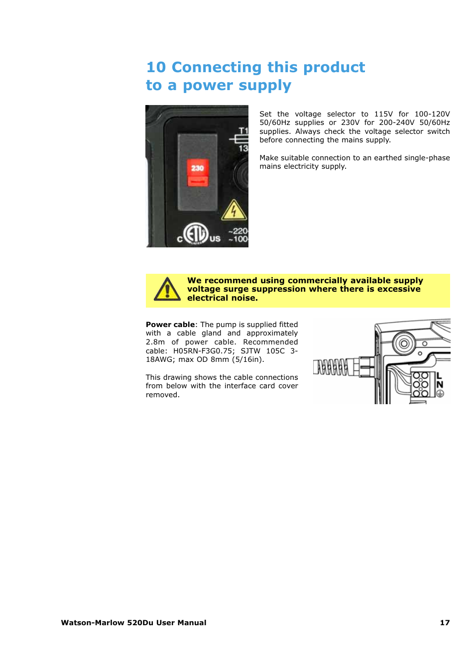 10 connecting this product to a power supply | Watson-Marlow 520Du User Manual | Page 17 / 107