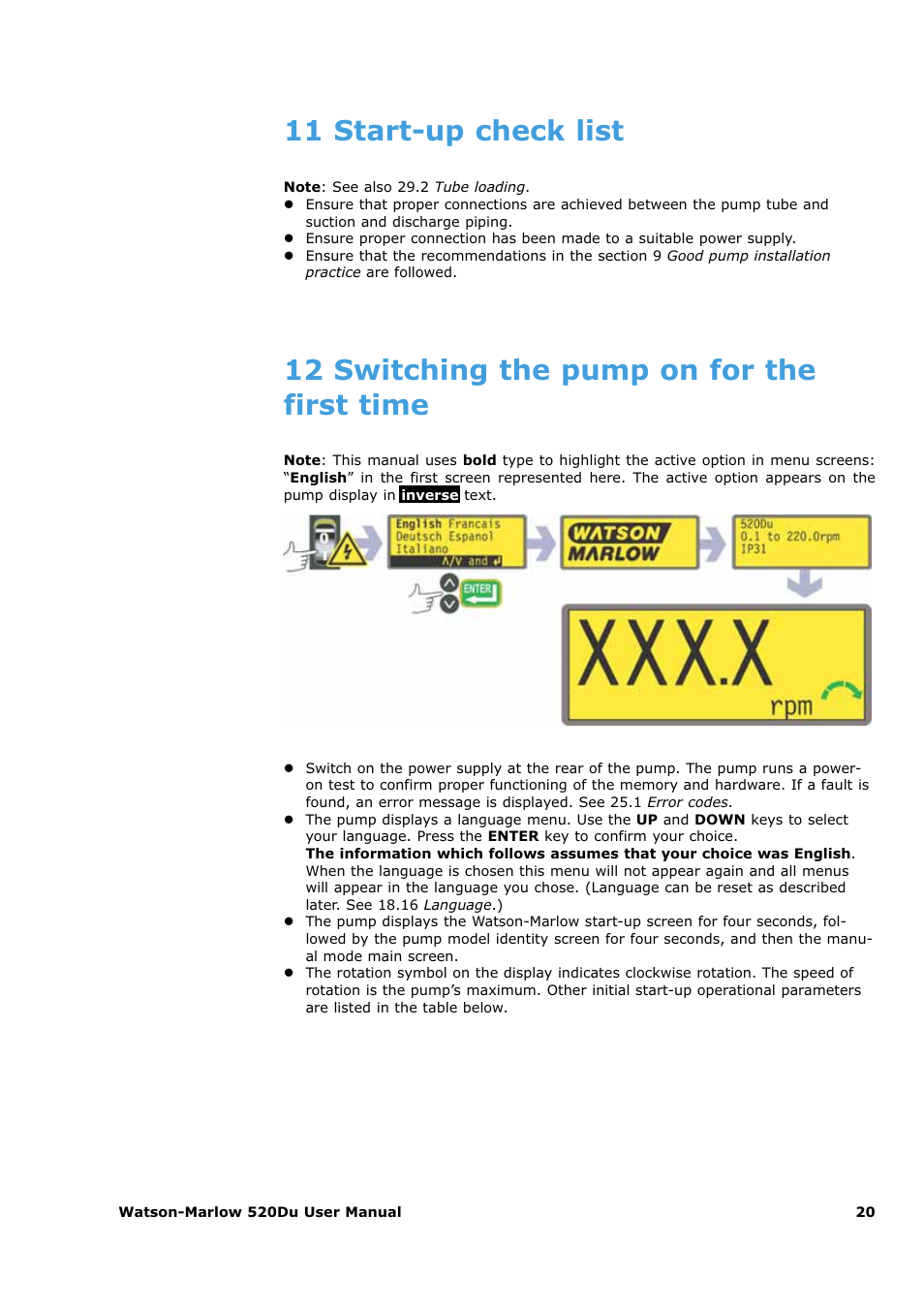 11 start-up check list, 12 switching the pump on for the first time | Watson-Marlow 520Du User Manual | Page 20 / 107