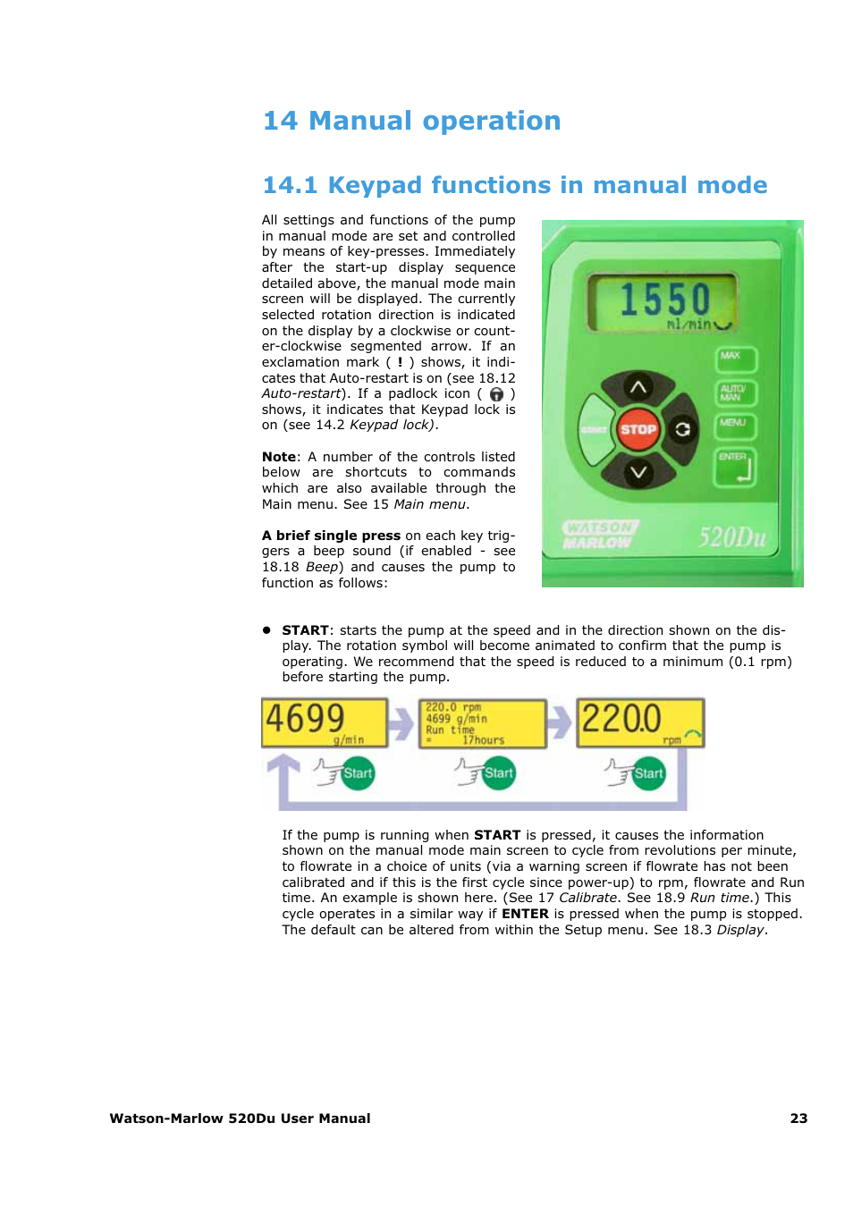 14 manual operation, 1 keypad functions in manual mode | Watson-Marlow 520Du User Manual | Page 23 / 107