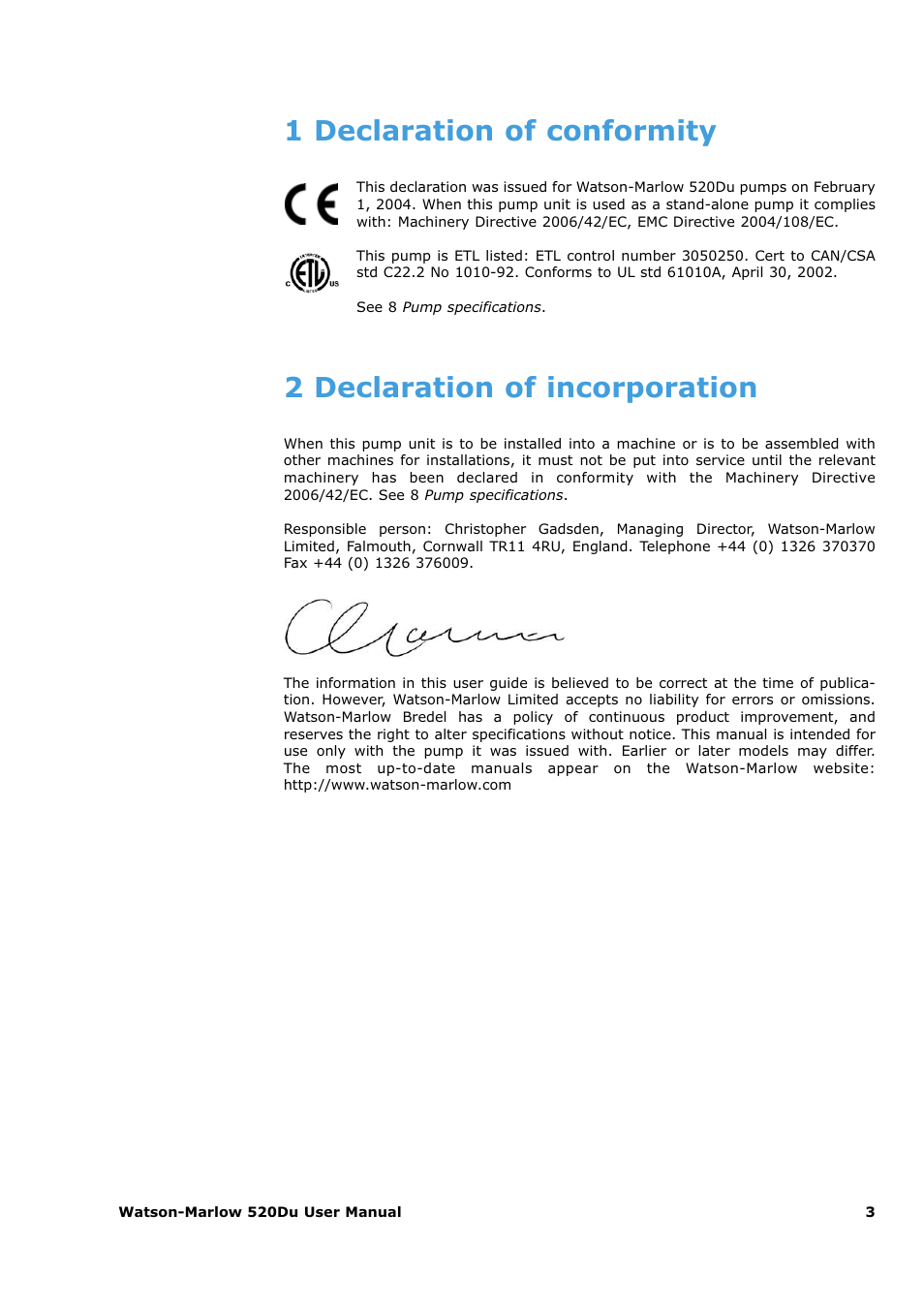 1 declaration of conformity, 2 declaration of incorporation | Watson-Marlow 520Du User Manual | Page 3 / 107