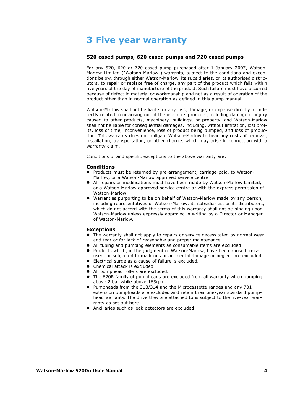 3 five year warranty | Watson-Marlow 520Du User Manual | Page 4 / 107