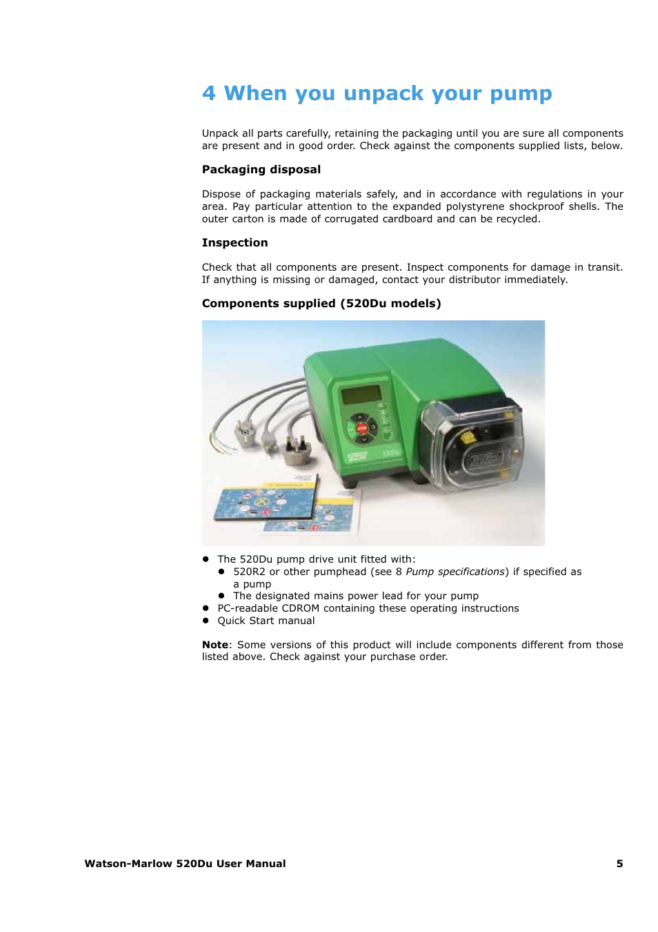 4 when you unpack your pump | Watson-Marlow 520Du User Manual | Page 5 / 107