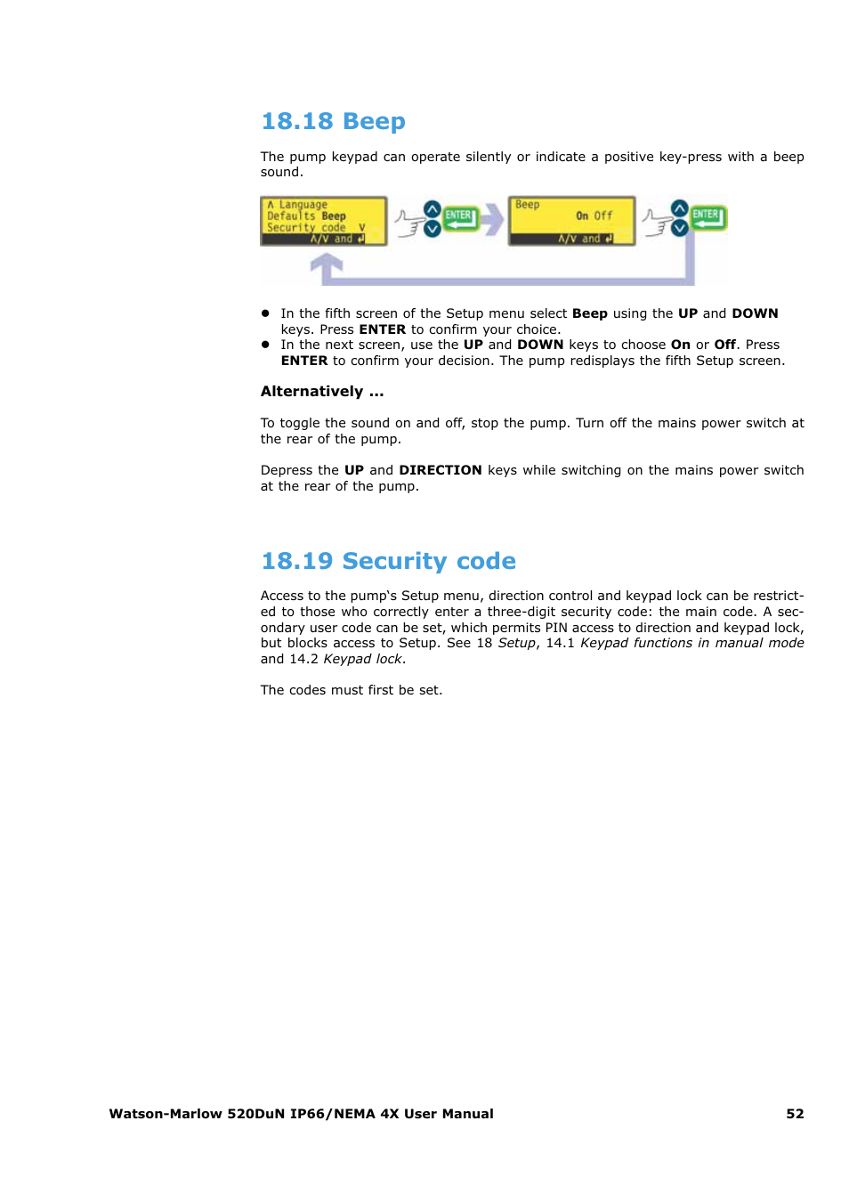 18 beep, 19 security code | Watson-Marlow 520Du User Manual | Page 52 / 107