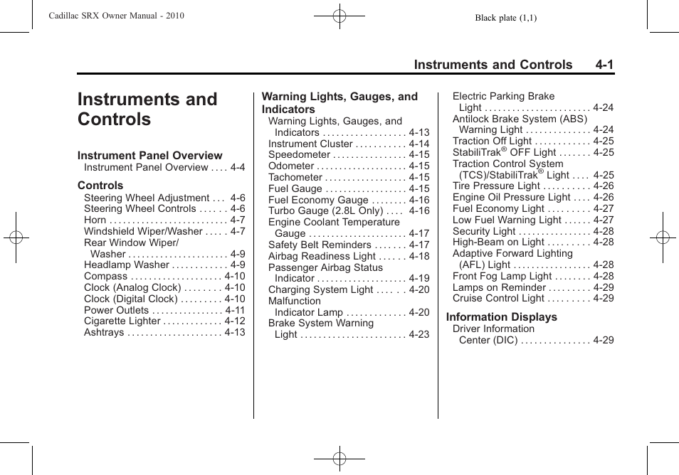 Instruments and controls, Instruments and controls -1, Instruments and controls 4-1 | Cadillac SRX 2010 User Manual | Page 109 / 468