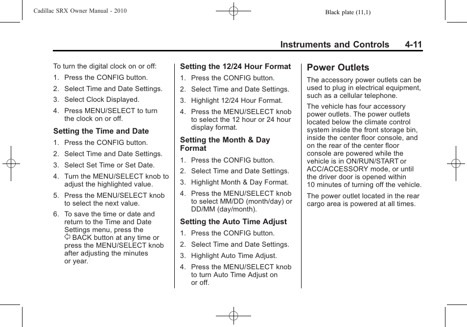 Power outlets, Power outlets -11, Instruments and controls 4-11 | Cadillac SRX 2010 User Manual | Page 119 / 468