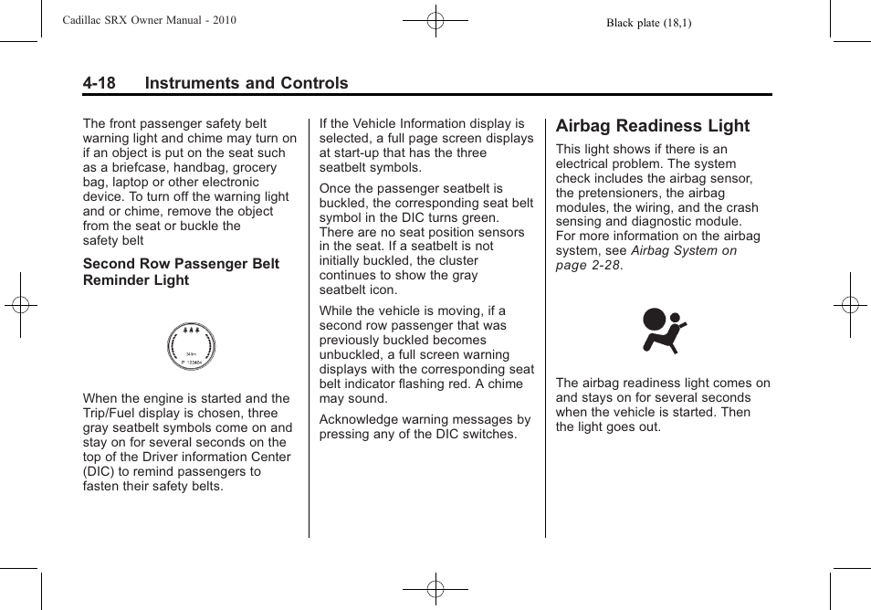 Airbag readiness light, Airbag readiness light -18 | Cadillac SRX 2010 User Manual | Page 126 / 468
