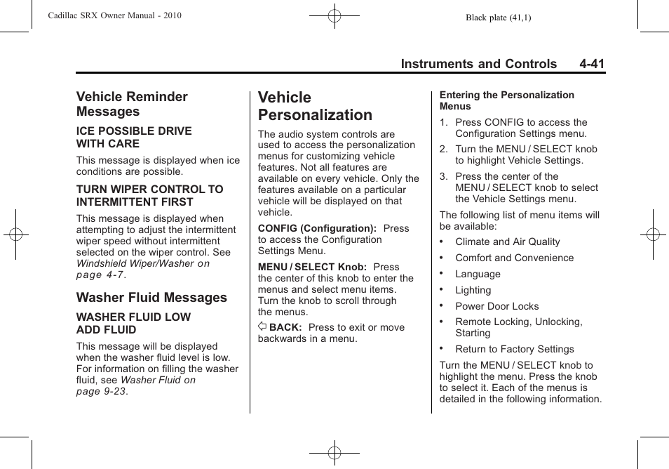 Vehicle reminder messages, Washer fluid messages, Vehicle personalization | Personalization -41, Engine exhaust, Reminder, Messages -41, Fluid messages -41, Ehicle personalization -41, Instruments and controls 4-41 | Cadillac SRX 2010 User Manual | Page 149 / 468