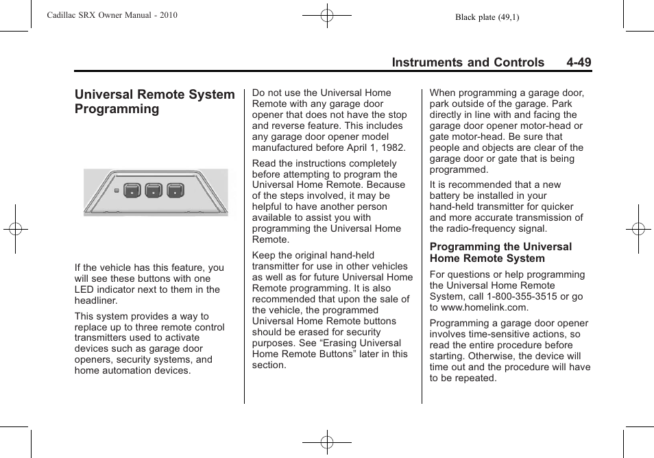 Universal remote system programming, Remote system, Programming -49 | Cadillac SRX 2010 User Manual | Page 157 / 468
