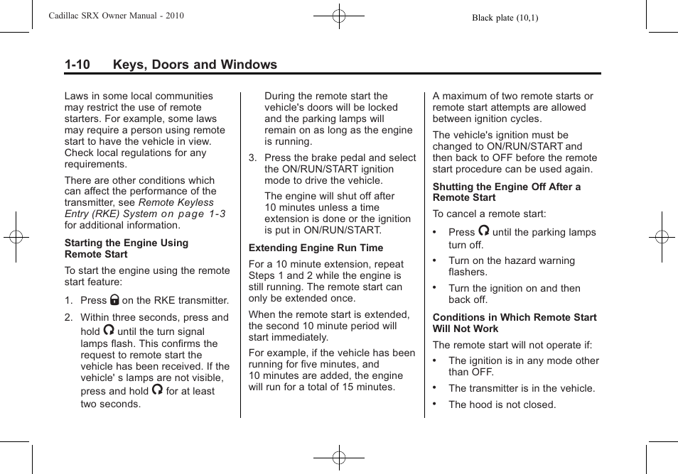 10 keys, doors and windows | Cadillac SRX 2010 User Manual | Page 16 / 468