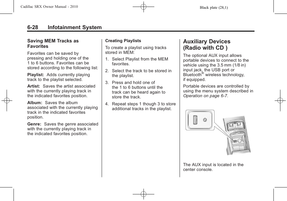 Auxiliary devices (radio with cd ), Auxiliary devices, Radio with cd ) -28 | 28 infotainment system | Cadillac SRX 2010 User Manual | Page 194 / 468