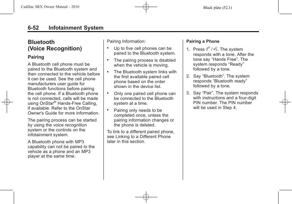 Bluetooth (voice recognition), Bluetooth (voice, Recognition ) -52 | 52 infotainment system | Cadillac SRX 2010 User Manual | Page 218 / 468