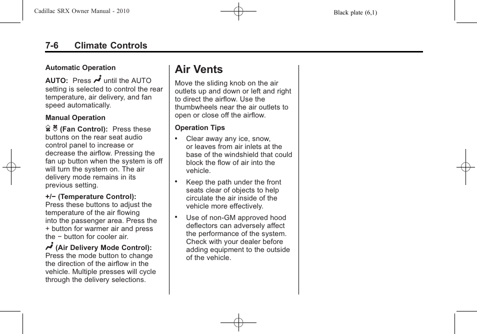 Air vents, Air vents -6, 6 climate controls | Cadillac SRX 2010 User Manual | Page 244 / 468