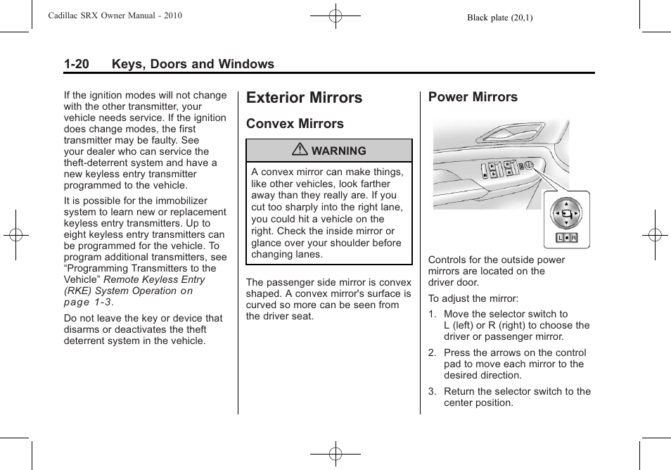 Exterior mirrors, Convex mirrors, Power mirrors | Exterior mirrors -20, Indicators, Convex mirrors -20 power mirrors -20 | Cadillac SRX 2010 User Manual | Page 26 / 468