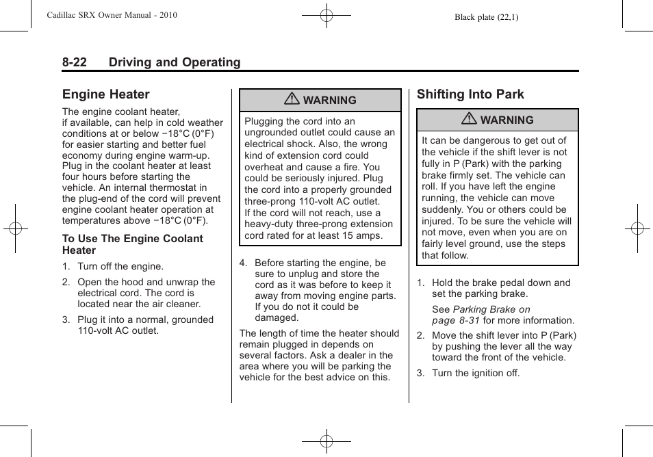Engine heater, Shifting into park, Shifting into | Engine heater -22 shifting into park -22, Selective | Cadillac SRX 2010 User Manual | Page 266 / 468
