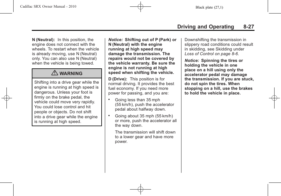 Driving and operating 8-27 | Cadillac SRX 2010 User Manual | Page 271 / 468