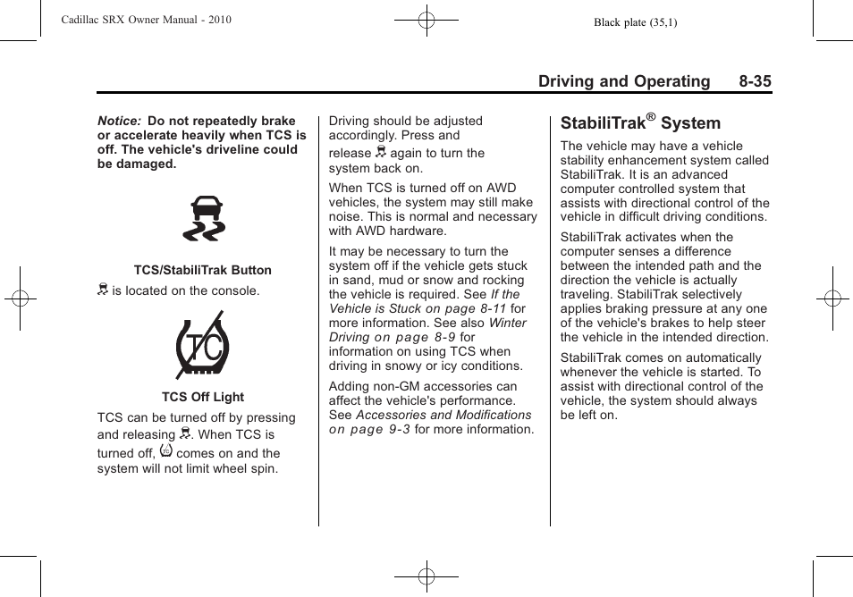 Stabilitrak® system, Stabilitrak, System on | System -35, System | Cadillac SRX 2010 User Manual | Page 279 / 468