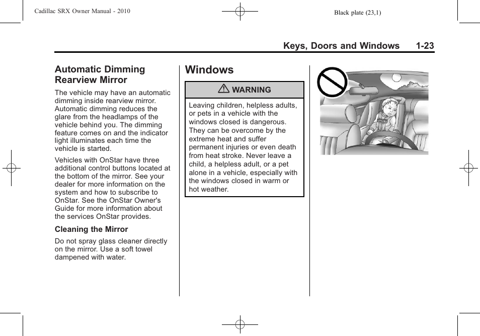 Automatic dimming rearview mirror, Windows, Windows -23 | Vehicle messages, Automatic dimming rearview | Cadillac SRX 2010 User Manual | Page 29 / 468