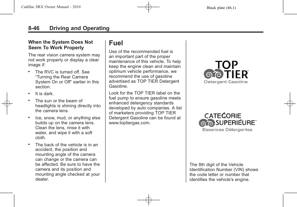 Fuel, Fuel -46, 46 driving and operating | Cadillac SRX 2010 User Manual | Page 290 / 468