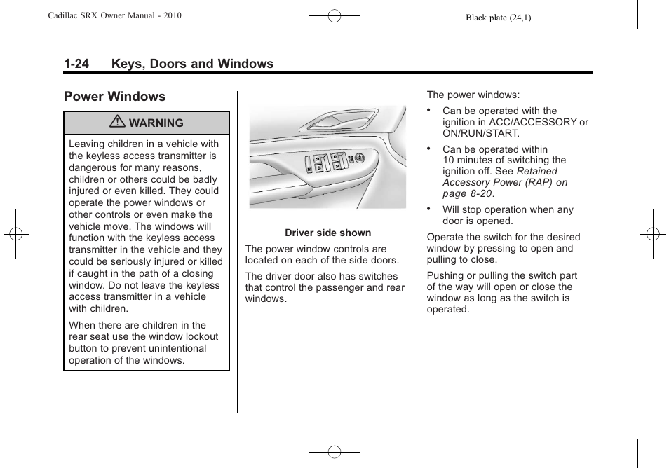 Power windows, Power windows -24, 24 keys, doors and windows | Cadillac SRX 2010 User Manual | Page 30 / 468
