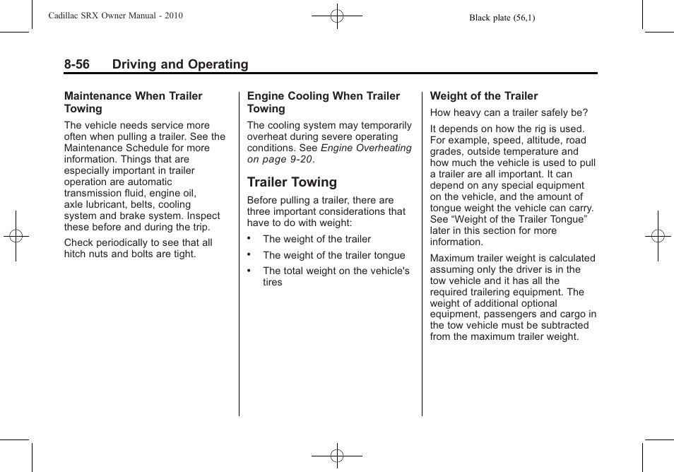 Trailer towing, Trailer towing -56, Driving | 56 driving and operating | Cadillac SRX 2010 User Manual | Page 300 / 468