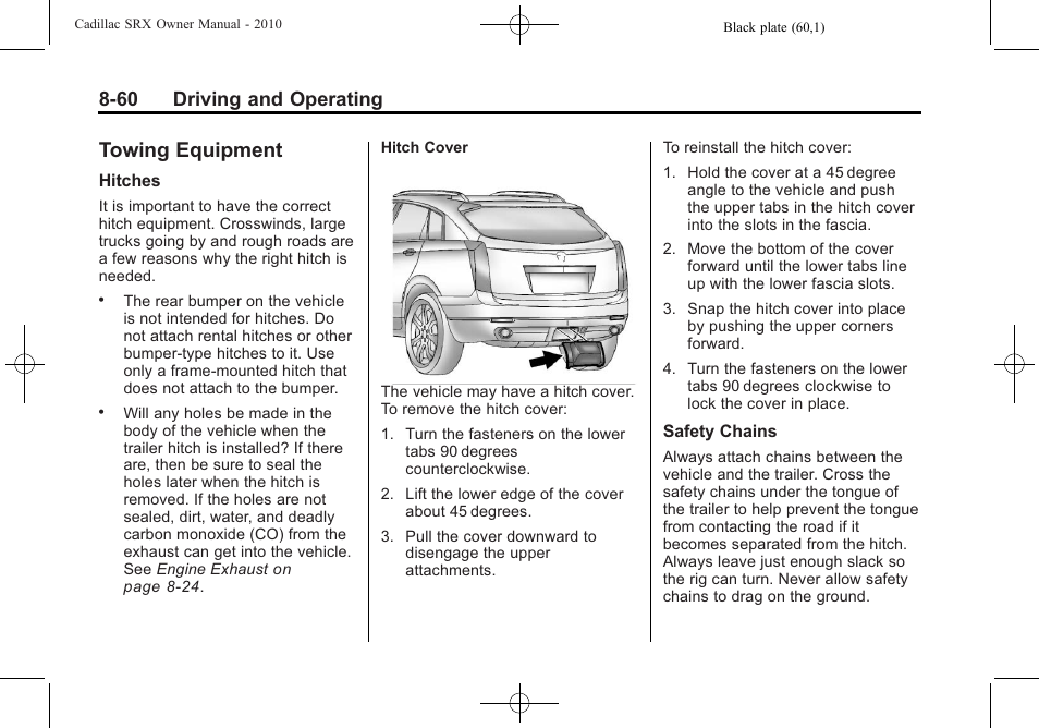 Towing equipment, Towing equipment -60, Mileage | 60 driving and operating | Cadillac SRX 2010 User Manual | Page 304 / 468