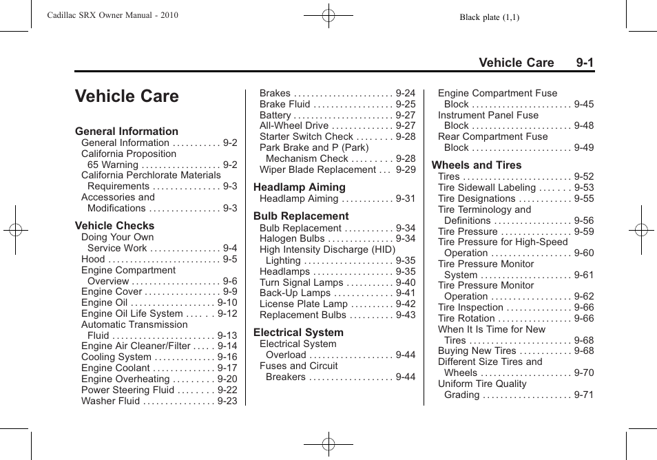 Vehicle care, Vehicle care -1, Vehicle care 9-1 | Cadillac SRX 2010 User Manual | Page 307 / 468