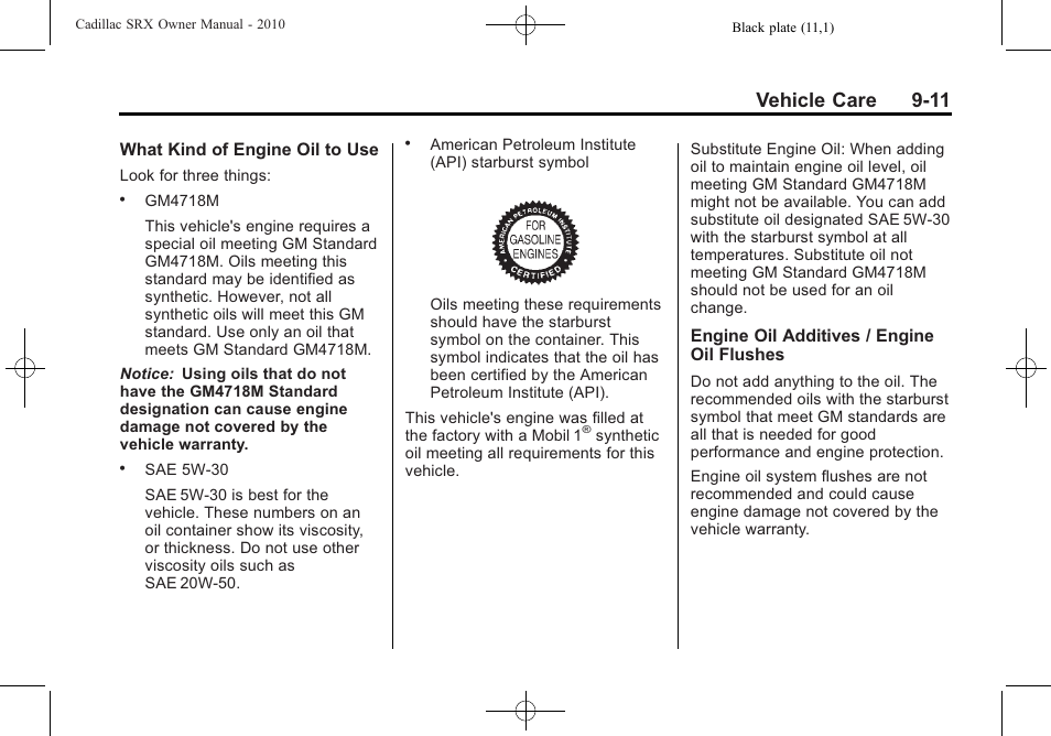 Vehicle care 9-11 | Cadillac SRX 2010 User Manual | Page 317 / 468