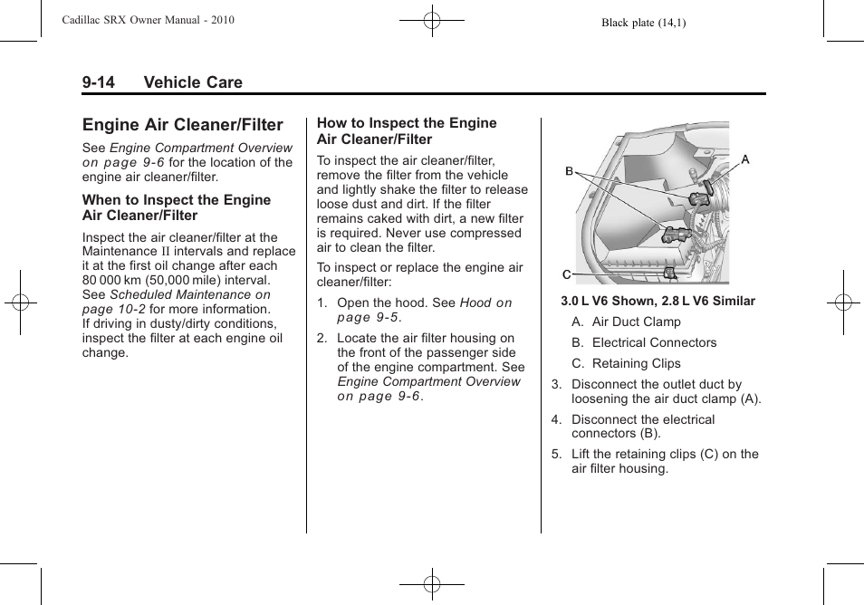 Engine air cleaner/filter, Engine air cleaner/filter -14, Electrical | Engine air cleaner/filter on, 14 vehicle care | Cadillac SRX 2010 User Manual | Page 320 / 468