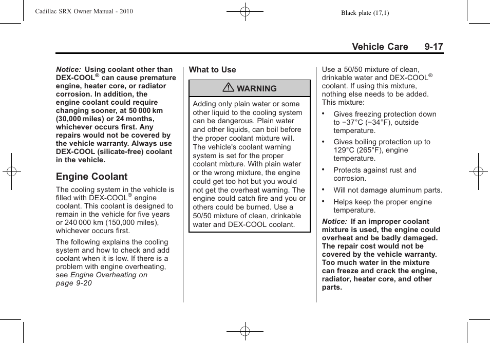 Engine coolant, Engine coolant -17, Fuses | Vehicle care 9-17 | Cadillac SRX 2010 User Manual | Page 323 / 468