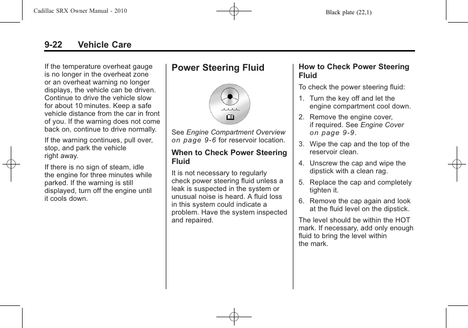 Power steering fluid, Power steering fluid -22, 22 vehicle care | Cadillac SRX 2010 User Manual | Page 328 / 468