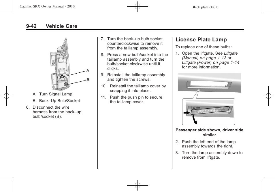 License plate lamp, Plate lamp -42, 42 vehicle care | Cadillac SRX 2010 User Manual | Page 348 / 468