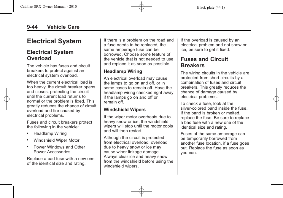 Electrical system, Electrical system overload, Fuses and circuit breakers | Electrical system -44, Customer information, System, Overload -44, And circuit, Breakers -44, Buying | Cadillac SRX 2010 User Manual | Page 350 / 468