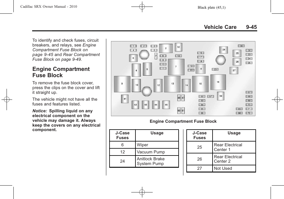 Engine compartment fuse block, Compartment fuse, Block -45 | Vehicle care 9-45 | Cadillac SRX 2010 User Manual | Page 351 / 468