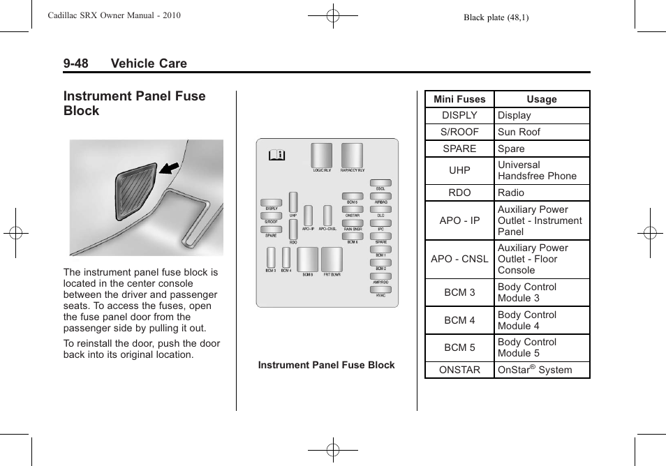 Instrument panel fuse block, Instrument panel fuse, Block -48 | 48 vehicle care | Cadillac SRX 2010 User Manual | Page 354 / 468