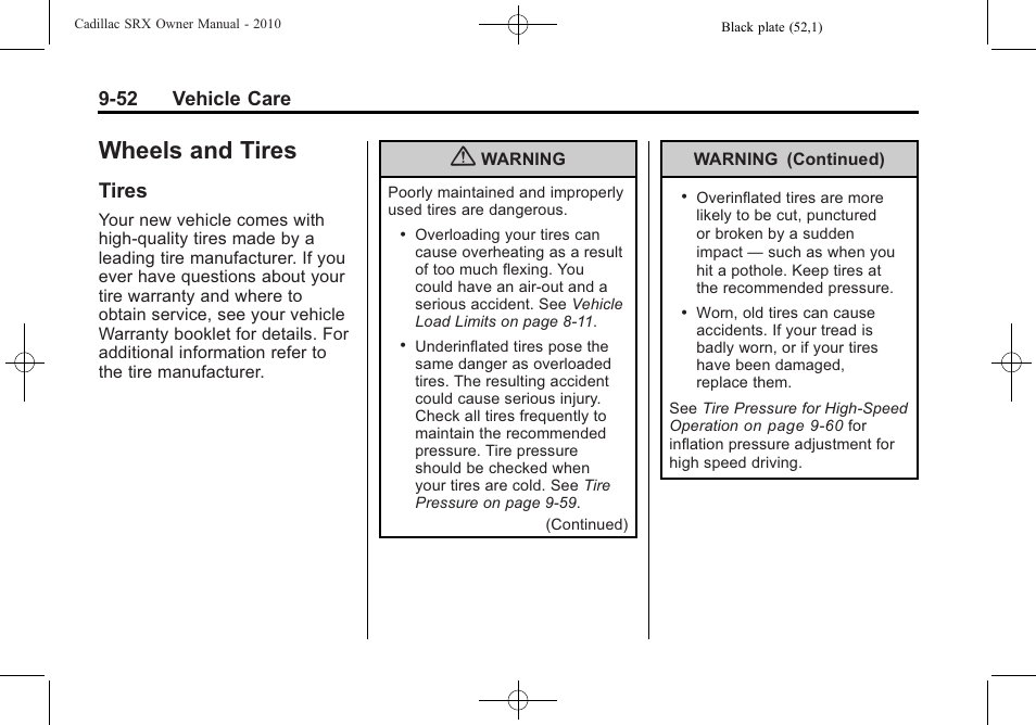 Wheels and tires, Tires, Wheels and tires -52 | Reporting safety defects -14, Tires -52, 52 vehicle care | Cadillac SRX 2010 User Manual | Page 358 / 468