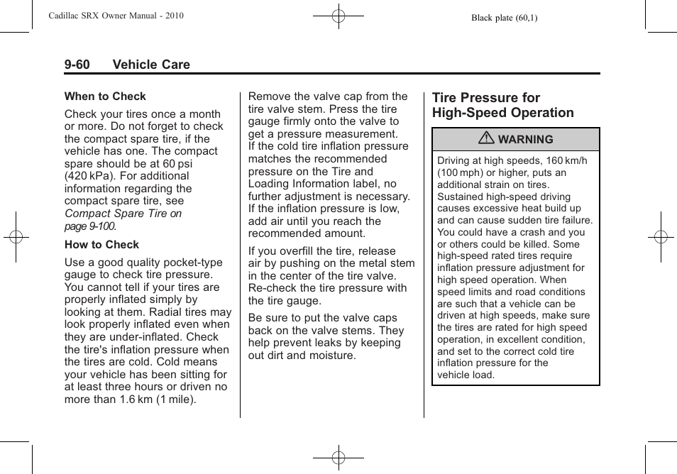 Tire pressure for high-speed operation, Tire pressure for high-speed, Operation -60 | Cadillac SRX 2010 User Manual | Page 366 / 468