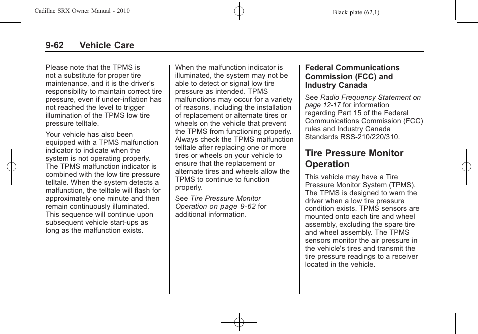 Tire pressure monitor operation, Tire pressure monitor, Operation -62 | Cadillac SRX 2010 User Manual | Page 368 / 468