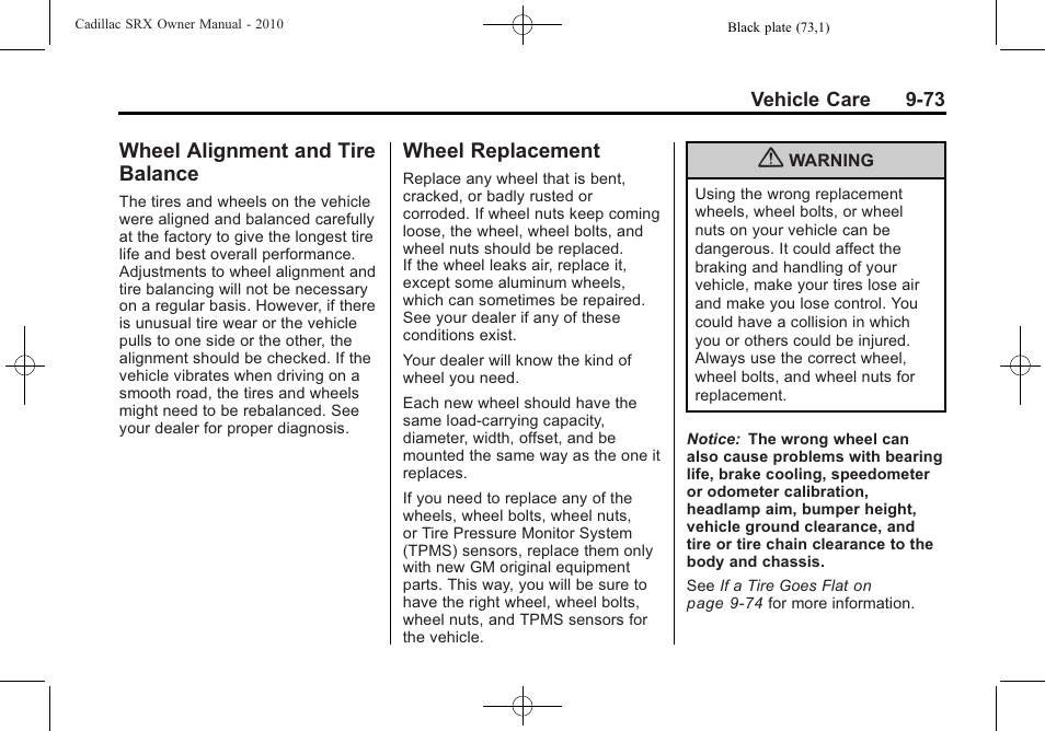 Wheel alignment and tire balance, Wheel replacement, Wheel alignment and tire | Balance -73, Wheel replacement -73 | Cadillac SRX 2010 User Manual | Page 379 / 468