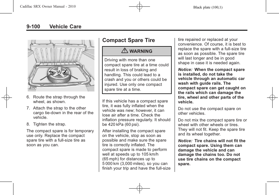 Compact spare tire, Compact spare tire -100 | Cadillac SRX 2010 User Manual | Page 406 / 468