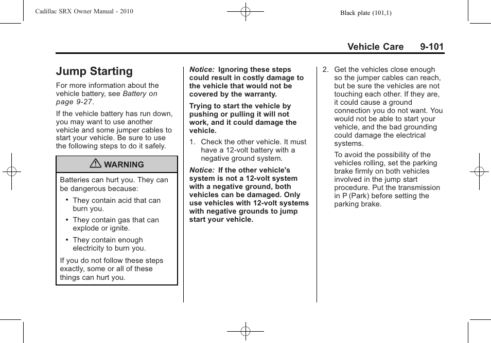 Jump starting, Jump starting -101, Vehicle care 9-101 | Cadillac SRX 2010 User Manual | Page 407 / 468