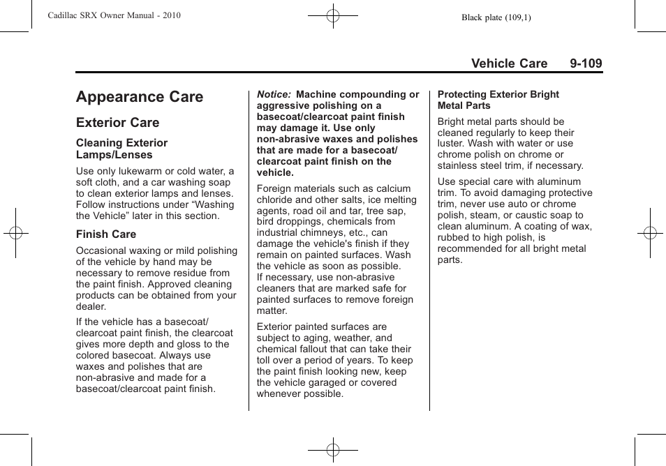 Appearance care, Exterior care, Appearance care -109 | Index, Exterior care -109 | Cadillac SRX 2010 User Manual | Page 415 / 468