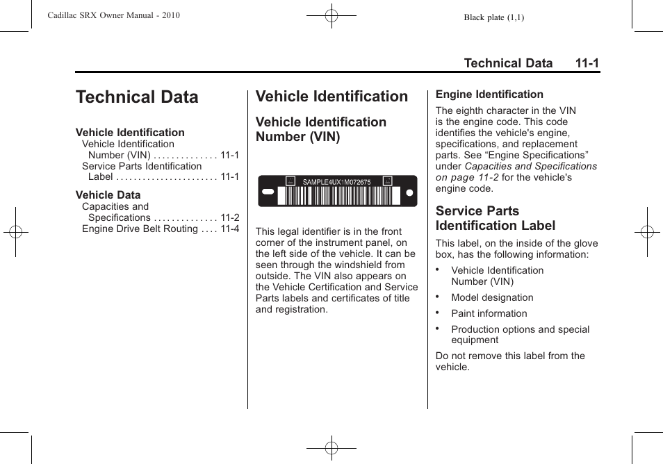 Technical data, Vehicle identification, Vehicle identification number (vin) | Service parts identification label, Technical data -1, Identification -1, Technical data 11-1 | Cadillac SRX 2010 User Manual | Page 435 / 468