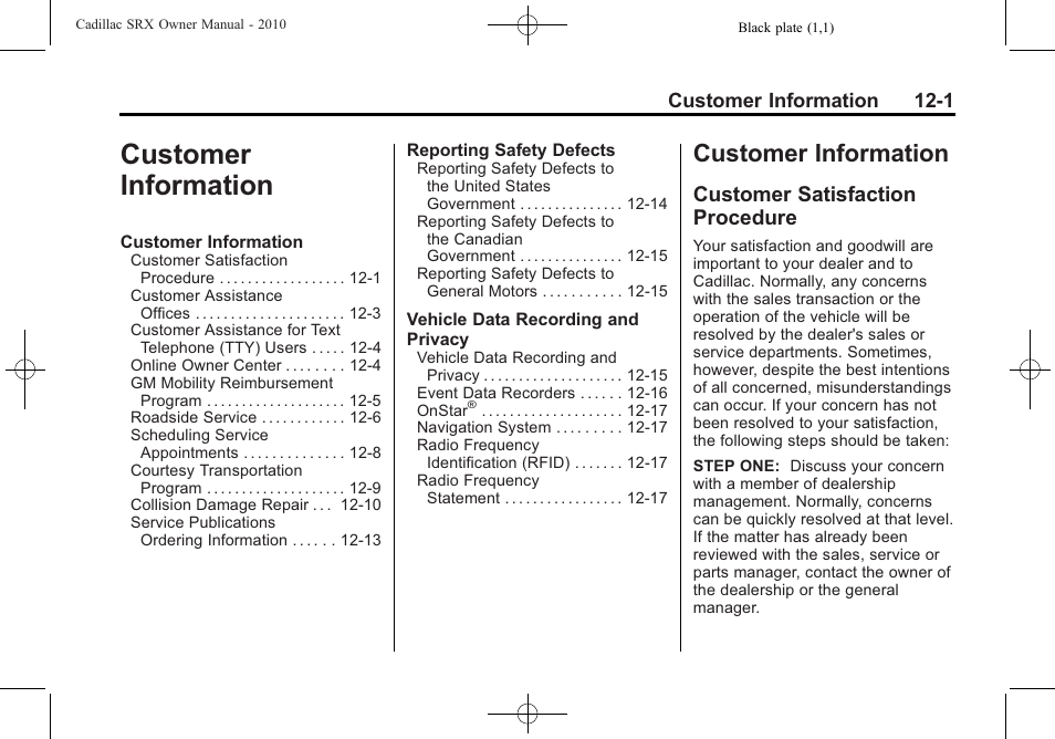 Customer information, Customer satisfaction procedure | Cadillac SRX 2010 User Manual | Page 439 / 468