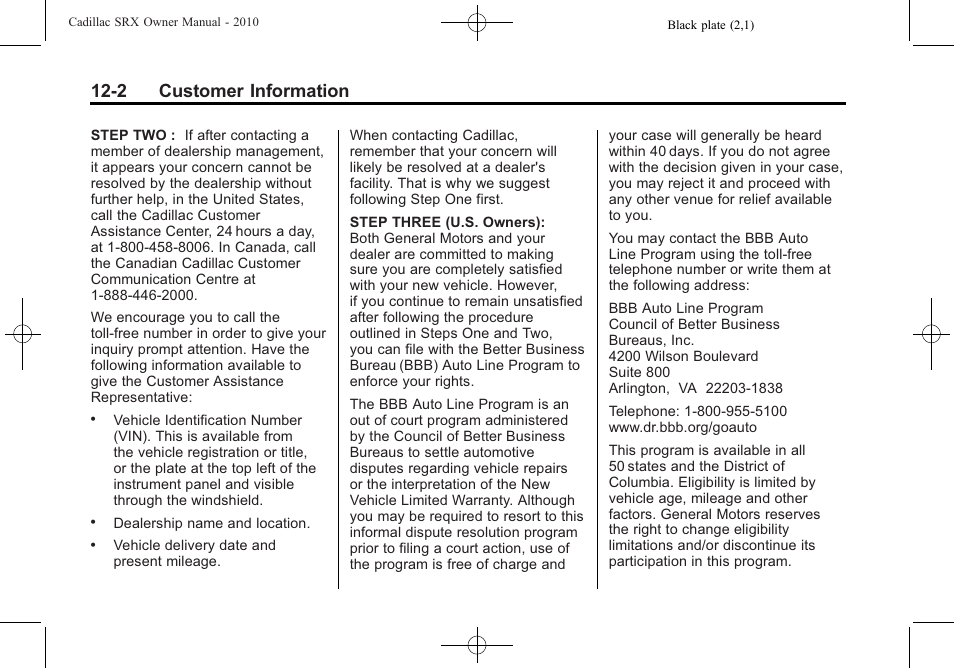 2 customer information | Cadillac SRX 2010 User Manual | Page 440 / 468