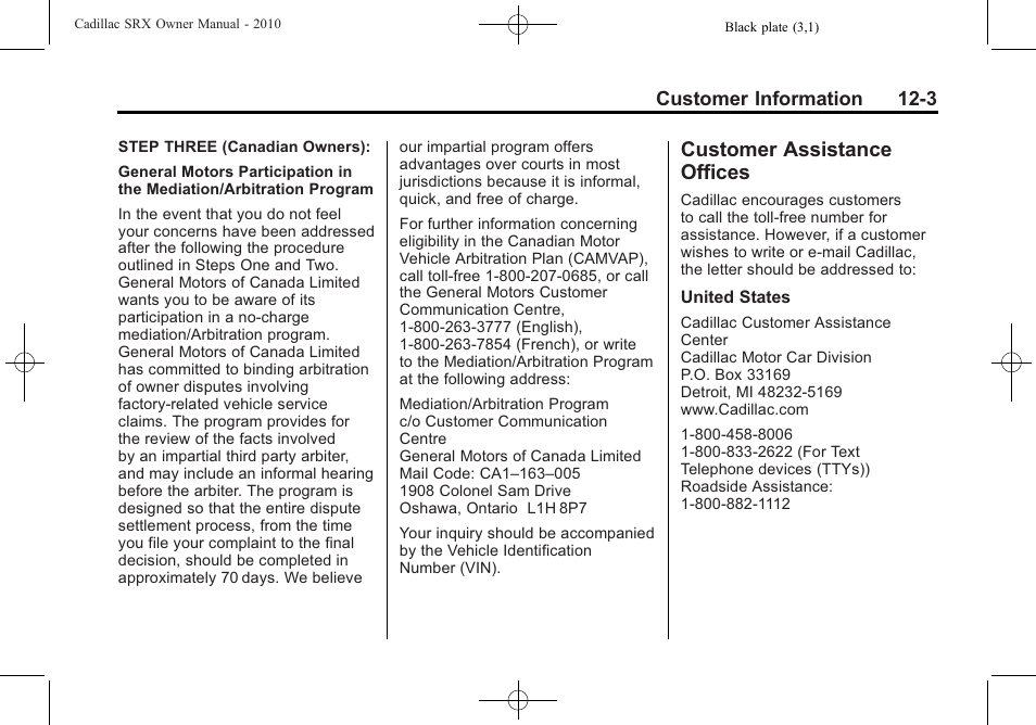 Customer assistance offices, Customer assistance, Offices -3 | Vehicle | Cadillac SRX 2010 User Manual | Page 441 / 468