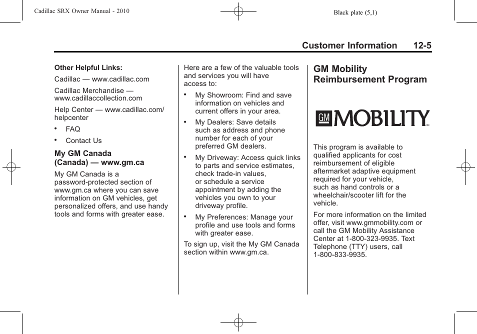 Gm mobility reimbursement program, Gm mobility reimbursement, Program -5 | Customer information 12-5 | Cadillac SRX 2010 User Manual | Page 443 / 468